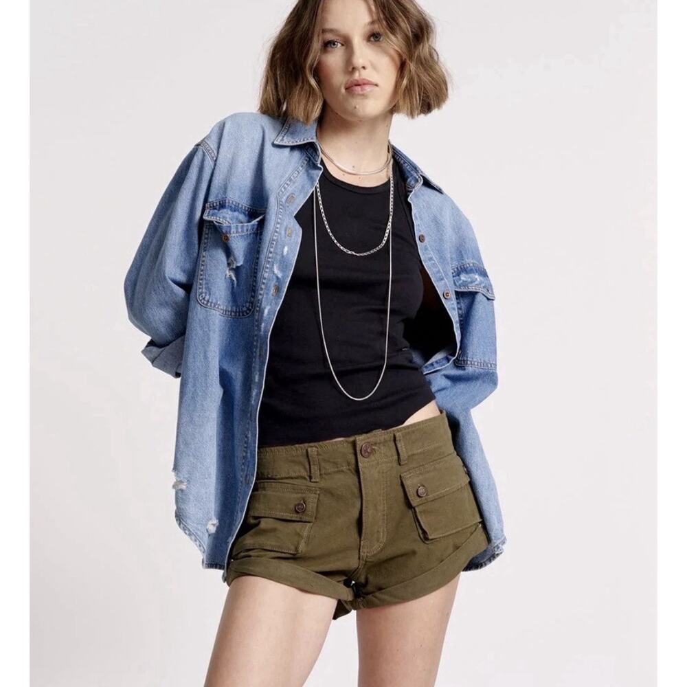 One Teaspoon Badit Shorts Size 26 Green Button Fly Military Cargo Low Rise
